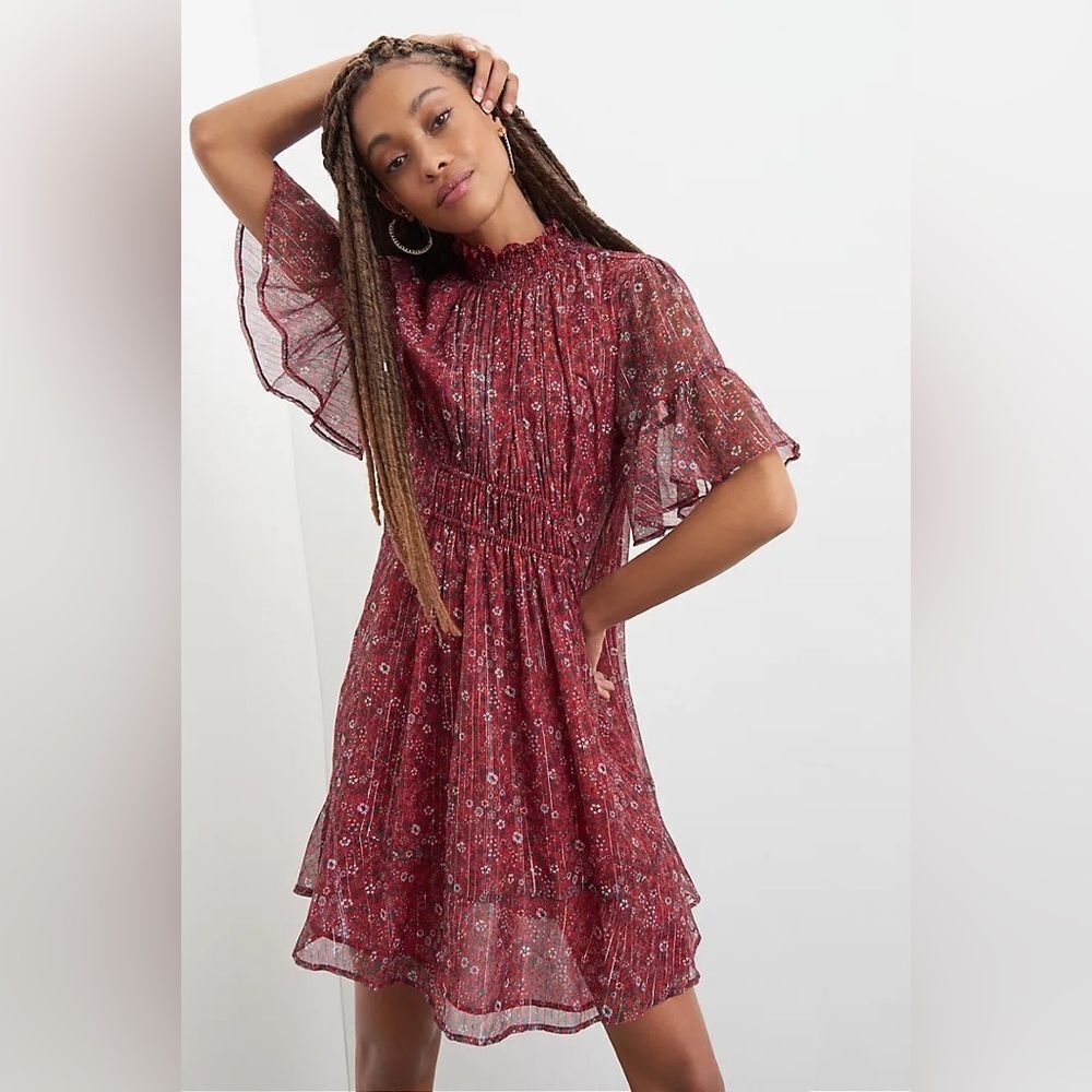 NWT Anthropologie Ranna Gill Franny Smocked Mini Dress Red floral metallic Sz S